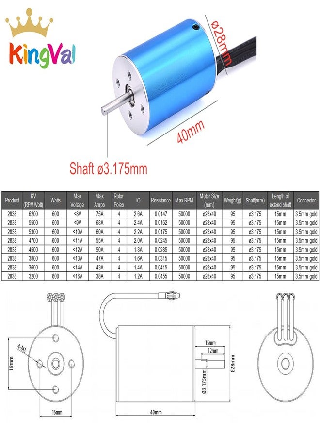 KingVal Replacement 2838 3600KV Brushless Sensorless Motor Shaft 3.175mm with 35A Brushless ESC Combo Compatible with 1/14 1/16 RC Car - Image 2